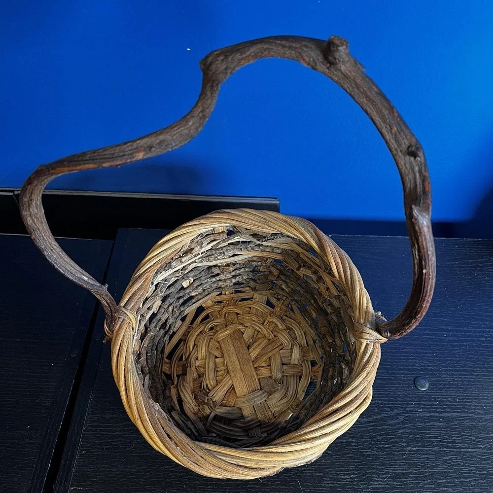VTG Hand Woven Basket Twisted Root Twig Branch Crooked Handle